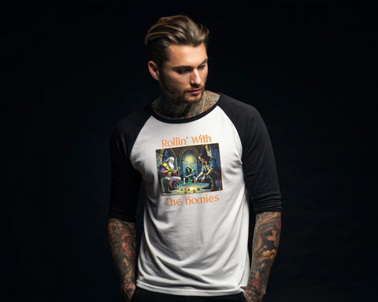 Rollin With The Homies – Premium Dungeon Adventure Baseball Tee
